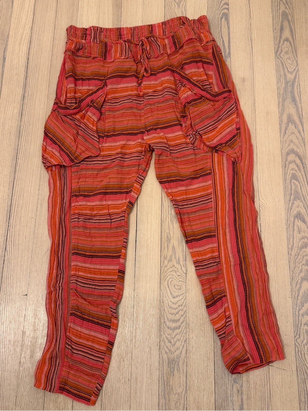 FREE PEOPLE Women’s Striped Cargo Harem Pants Boho Drawstring Cotton Size L